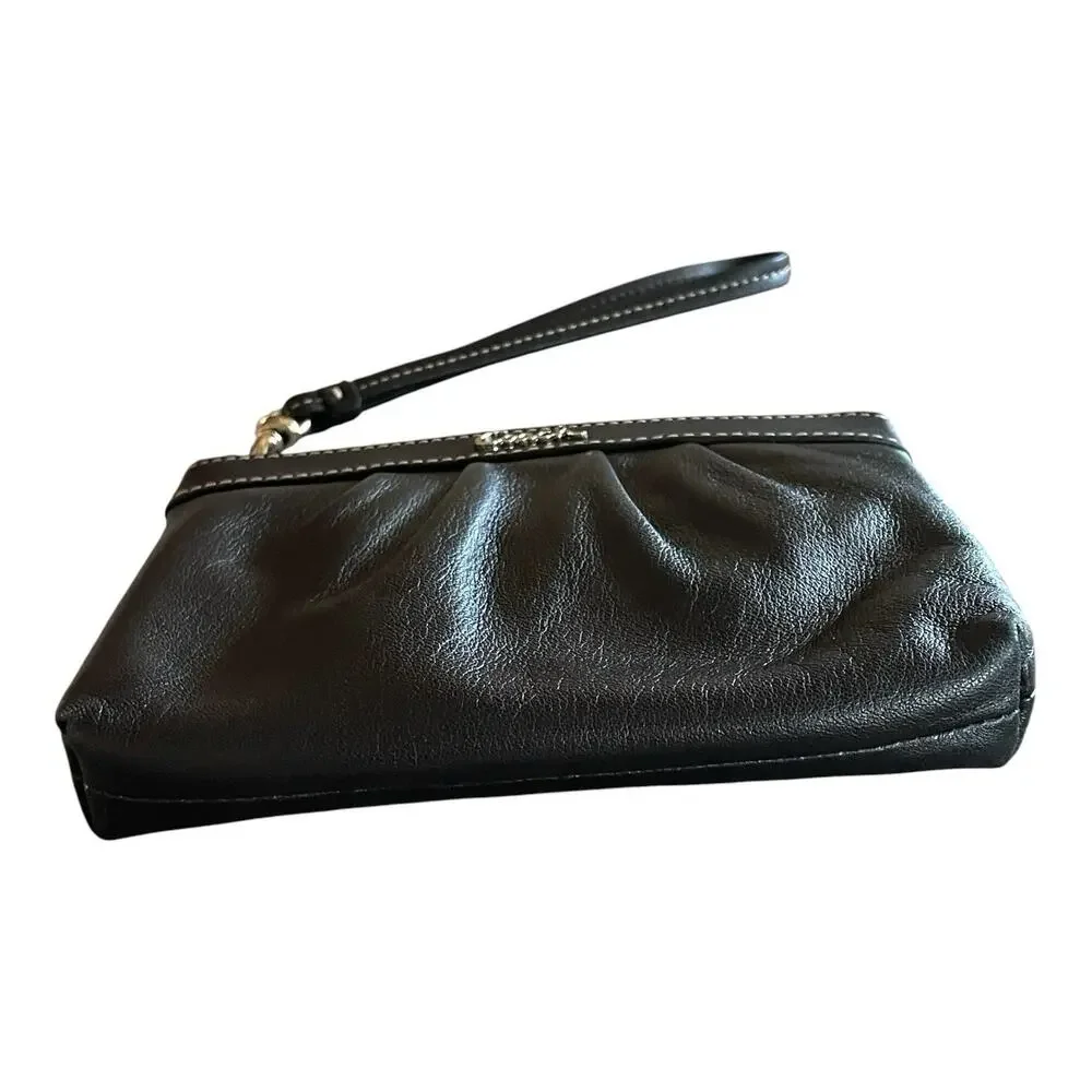 COACH Small Black Soft Pleated Leather Silver Logo Top Zip Clutch Wristlet